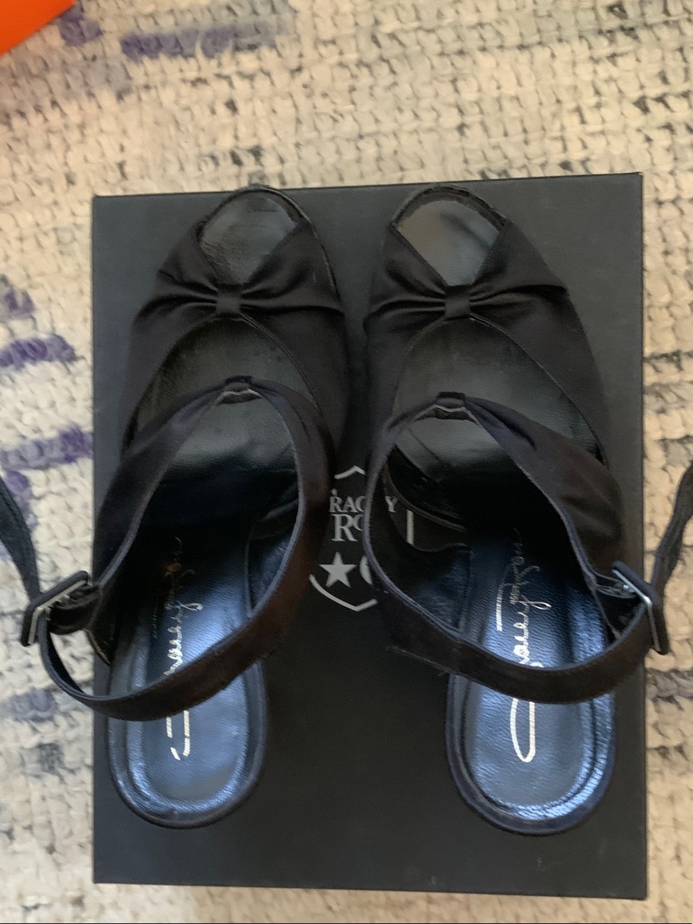 Black Satin Peep-Toe Slingback Heels with Bow Accent